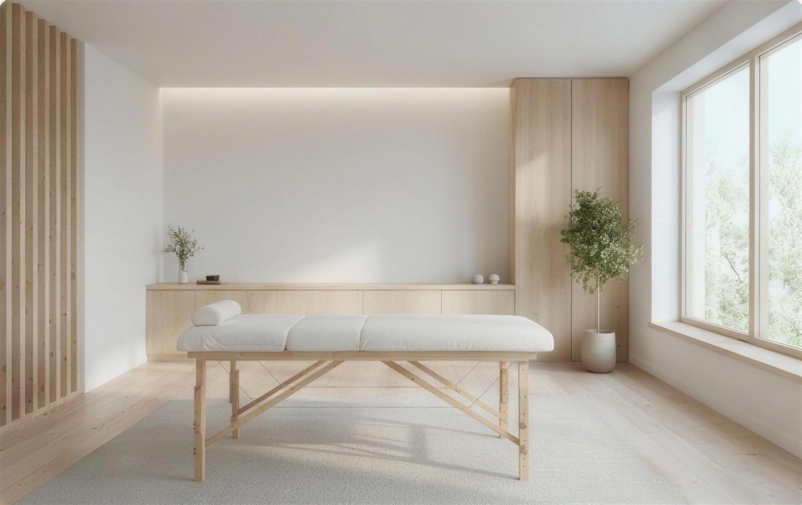 Salle de traitement lumineuse avec table d'ostéopathie